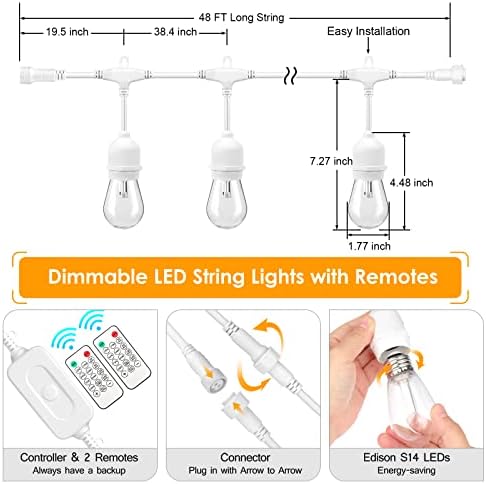 Mlambert 3 Colors 48FT Outdoor String Lights with Remote, 3 Modes, White - Image 4