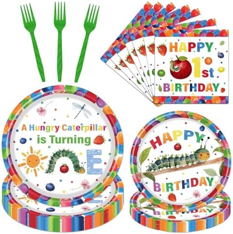 Gameza Caterpillar 1st Birthday Party Decorations, 96PCS Green Caterpillar Theme Disposable Paper Plates and Napkins Tableware Decorations, A Hungry Green Insect Is Turning One Forks Decor Serve 24 by GAMEZA