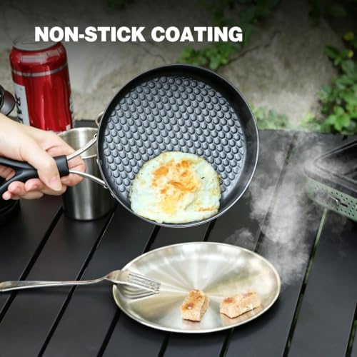 REDCAMP 2Pcs Nonstick Frying Pan Set, Stainless Steel Camping Skillet with Foldable Handle for Easy Storage, Lightweight Portable Cooking Pan for Egg Steak Outdoor Kitchen Backpacking - Image 4