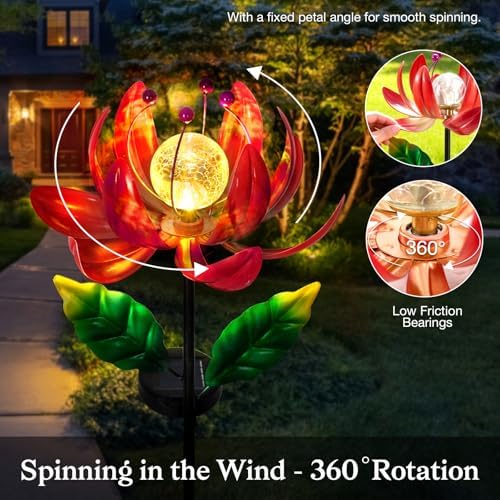 Solar Lights Outdoor Wind Spinners, Metal Lotus Flower Garden Decor with Waterproof LED Crackle Glass Globe for Patio Lawn Yard Outdoor Decor - Image 5