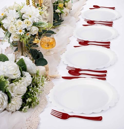 HEIPINIUYE 75 Pack Burgundy Plastic Cutlery Heavy Duty Burgundy Plastic Knives Forks and Spoons Disposable Silverware Set for 25 Guest Camping Birthday Baby Shower Party Cutlery Set - Image 6