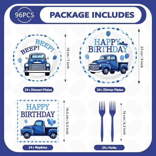 96Pcs Blue Truck Birthday Party Decorations, Serves 24 - Image 5