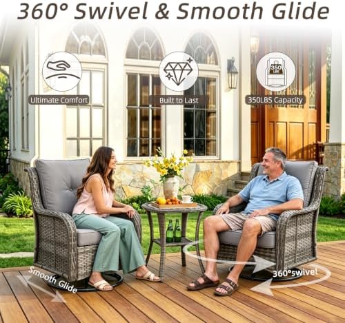 Wumiokio Patio Furniture Sets, Wicker Outdoor Furniture - 360 Degree Swivel Rocking Chairs and Rattan Side Table for Garden,Porch,Backyard (Grey Wicker/Grey Cushion, 5PCS - Swivel Chairs & Ottoman) - Image 2