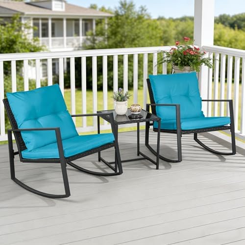 SUNCROWN 3 Piece Outdoor Rocking Bistro Set Black Wicker Furniture Porch Chairs Conversation Sets with Glass Coffee Table, Light Blue - Image 4