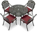 VIVIJASON 5-Piece Patio Furniture Dining Set, All-Weather Cast Aluminum Outdoor Conversation Set, Include 4 Cushioned Chairs and 1 Round Table w/Umbrella Hole for Balcony, Lawn, Backyard, Red Cushion by VIVIJASON