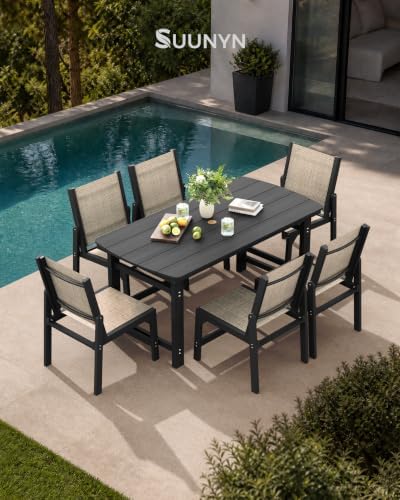 HDPE Outdoor Dining Set, Patio Table and 6 Stackable Armless Chairs, Black - Image 3