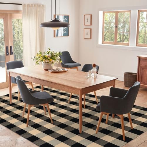 IOHOUZE 5x7 Buffalo Plaid Area Rug, Washable Indoor Outdoor, Tan Black - Image 4