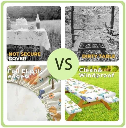 Funny Dinosaur Picnic Table Cover with Bench Covers and Bag, Camping Essentials, Animal Waterproof Windproof Fabric, Fitted Tablecloth Cover with Elastic Edge, for Indoor & Outdoor, 3 PCS, 30x72 Inch - Image 5