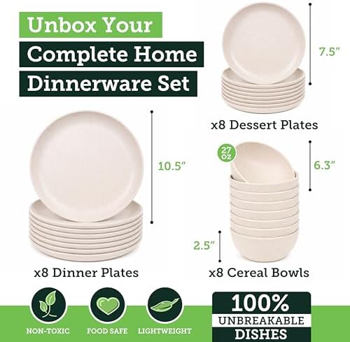 Grow Forward 24-piece Premium Wheat Straw Dinnerware Sets for 8 - Unbreakable Dishwasher & Microwave Safe Plastic Plates and Bowls Sets - Patio, Outdoors, RV, Camping Dishes - Sahara - Image 3