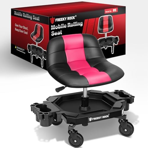 Rolling Stool with Wheels, Adjustable Height Pneumatic Garage Work Mechanic Stool Seat with Backrest, 400 LBS Capacity 360° Swivel Mechanic Crepper Chair with Tool Tray Storage, Pink by FREEKYROCK