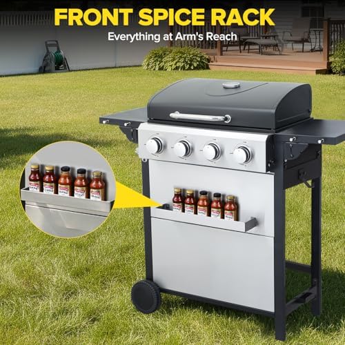 4 Burner Gas Grill with Foldable Shelves, 40,000 BTU Stainless Steel Propane BBQ Grill, 387 Sq. In. Cooking Space, Portable Outdoor Grill for Patio, Backyard, Camping & Tailgating - Image 2
