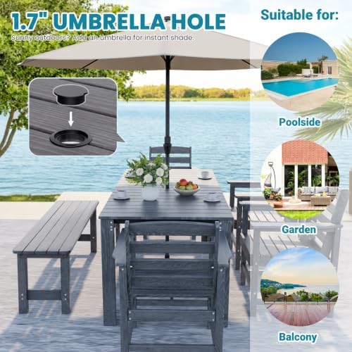 Dining Table Set, 6-Piece HDPE Outdoor Dining Set for 6, Gray - Image 2