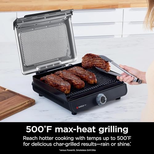 Ninja GR100 Sizzle Smokeless Indoor Grill with Nonstick Grill Plate, Dishwasher-Safe Removable Mesh Lid, 500F Max Heat, Even Edge-to-Edge Cooking, Black (Renewed) - Image 3