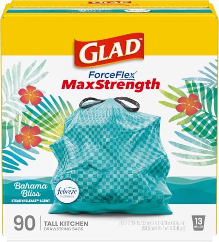 Glad ForceFlex MaxStrength Tall Kitchen Trash Bags, Rip and Tear Resistant, Bahama Bliss Scented Teal Tall Garbage Bags, Odor Control, Febreze Freshness, 13 Gallon, 90 Count by GladTrashFoodStorage