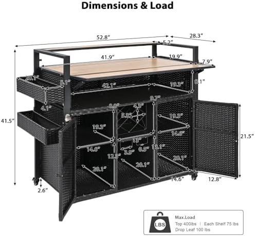 52.8" Wicker Outdoor Grill Cart with Extended Top & Storage - Image 2