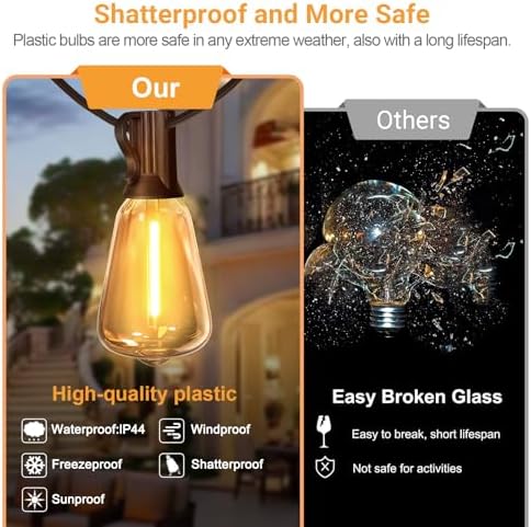 LAMPHOME 51FT Outdoor String Lights Waterproof, 2700K Bright LED Patio Lights with 25+2Spare ST38 Shatterproof Vintage Bulbs, Retro Connectable Edison for Outside, Garden, Balcony, Porch - Image 2