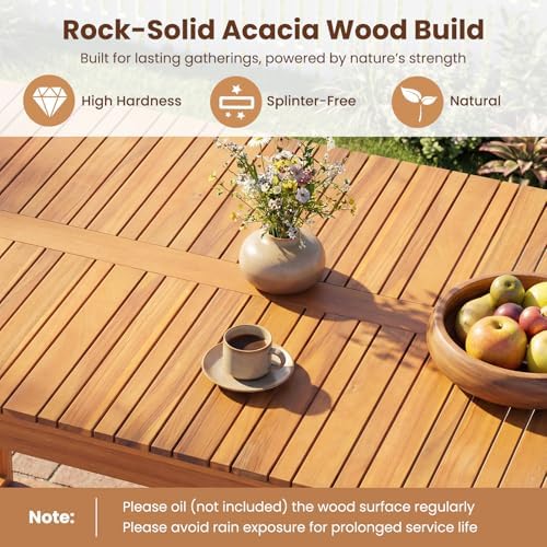 Tangkula 3 Pieces Patio Wooden Dining Set, Acacia Wood Rectangular Picnic Beer Table with 2 Benches for 4 People, Outdoor Dinner Furniture Set for Backyard, Garden and Poolside - Image 6