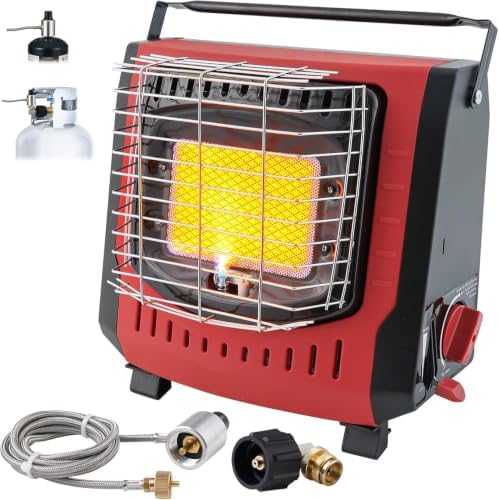 Portable Outdoor Heater with 8FT Hose, 9000 BTU Propane Heater Fuel by Butane/Propane, Self-Ignition, Tip-over&Low-Oxygen Safety Shutoff, Compact Camping&RV Heater for Tents, Hiking(Fuel not included) by Unknown
