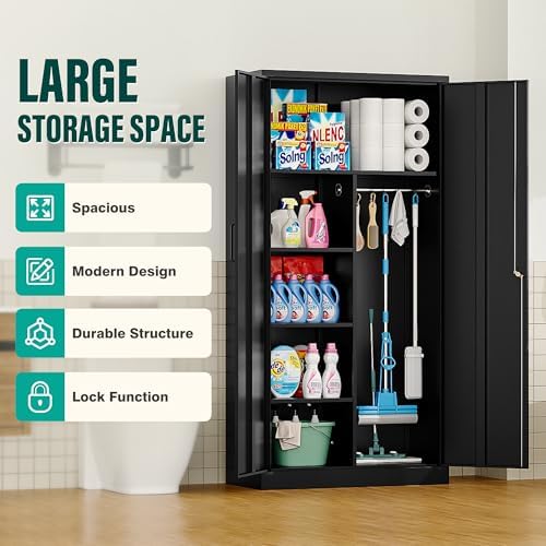Wide & Deep Metal Storage Cabinet with Hanging Rod,Black Broom Closet Storage Cabinet with Lock,72" Tall Wardrobe Cabinets with Doors and Shelves,Locking Steel Tool Cabinets for Home,Office,Garage - Image 6