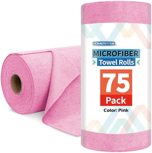Microfiber Cleaning Cloth Roll, 75 Pack Tear Away Microfiber Towel, Reusable Washable Shop Towels, Lint Free Cleaning Rags for Car Home Kitchen Garage & Automotive 11.5"x11.5" Pink by HOMERHYME