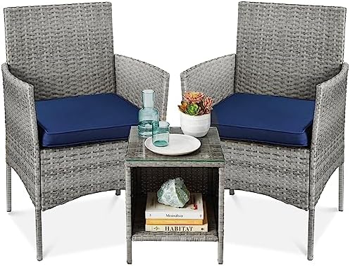 Best Choice Products 3-Piece Outdoor Wicker Conversation Bistro Set, Space Saving Patio Furniture for Garden w/Side Table - Gray/Navy by BestChoiceProducts