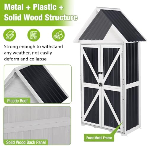 GUTINNEEN Outdoor Storage Cabinet, Wood & Metal Frame Garden Storage Shed with Waterproof Plastic Roof, Adjustable Shelves, Raised Base, Weather-Resistant Tool Shed for Backyard, Patio & Lawn, 67.5"H - Image 2