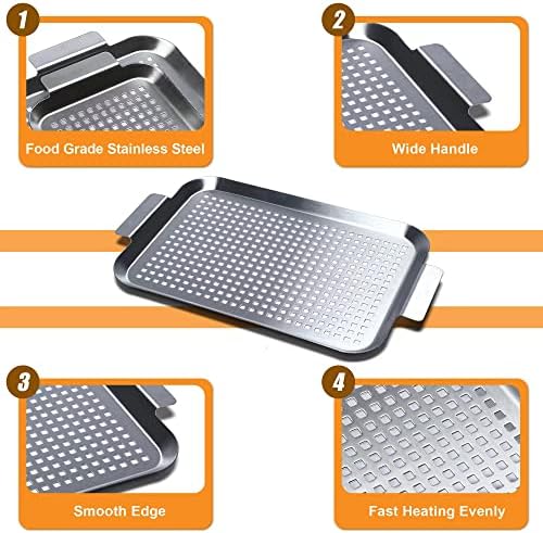 Grill Pan Set of 2, BBQ Grill Topper for Outdoor Grill, Stainless Steel Grilling Baskets with Holes and Handles, Perforated Food Tray Barbecue Accessories for Vegetable, Fish, Meat, Seafood - Image 2