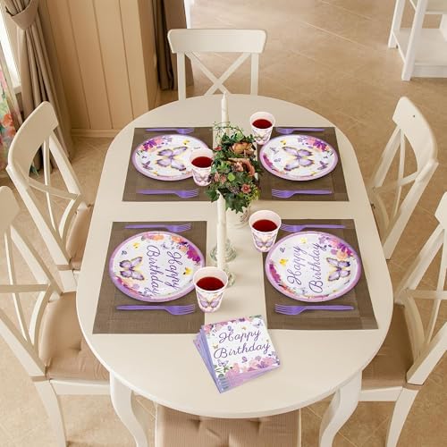 Kochorie 144 Pieces Butterfly Birthday Party Supplies Including Disposable Paper Plates Napkins Cups Forks Serves 24 for Baby Shower Girls Animal Butterfly-themed Party Decorations - Image 5