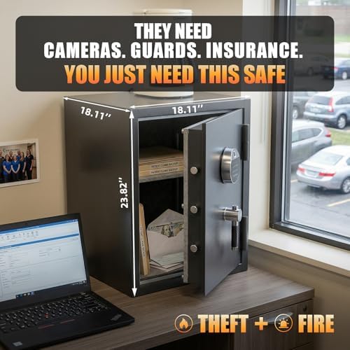 KEAR Fireproof Safe for Home, 4.5 Cub Large Heavy Duty Safe with Solid Metal Handle& Removable Shelf, Biometric Waterproof Safe box, Steel Security Safe for Documents, Cash & Valuables(Black) - Image 2