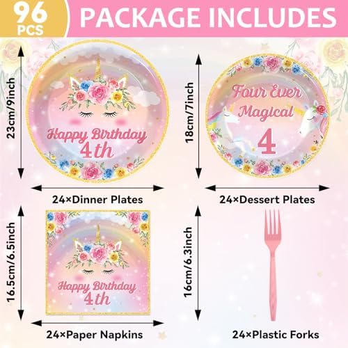 96PCS Four Ever Magical Party Paper Plates and Napkins Unicorn 4th Birthday Party Decor Rainbow Unicorn Plates 4 Year Old Tableware Set for 24 Guests Magical 4th Birthday Gatherings Decorations - Image 2