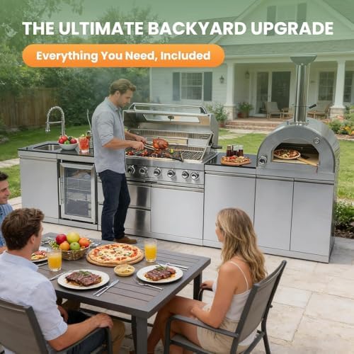 128" Outdoor Kitchen Island,Stainless Steel Propane BBQ Grill with Pizza Oven, Rotisserie, Refrigerator, Granite Countertop, Storage Cabinets & Drawers 120,000 BTU. - Image 4