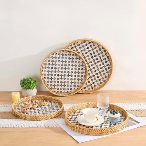 Round Rattan Tray with Mother of Pearl Inlay, Rattan Serving Tray with Wooden Base, Decorative Wicker Basket for Table Decor, Storage and Display of Coffee Bread Food Fruit (Checkerboard 13.5") - Image 3