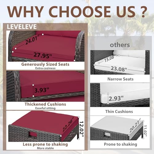 LEVELEVE Balcony Furniture 5 Piece Patio Conversation Set, PE Wicker Rattan Outdoor Lounge Chairs with Soft Cushions 2 Ottoman&Glass Table for Porch, Lawn-Brown Wicker（Wine Red - Image 2