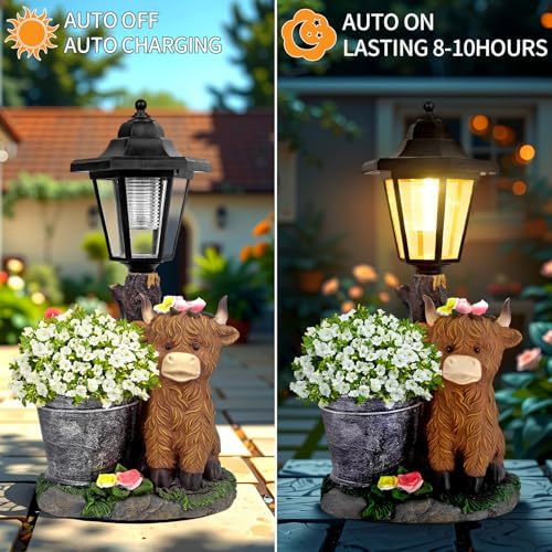 Solar Highland Cow Outdoor Garden Statues with Flowerpot & Lantern Decor - Image 5