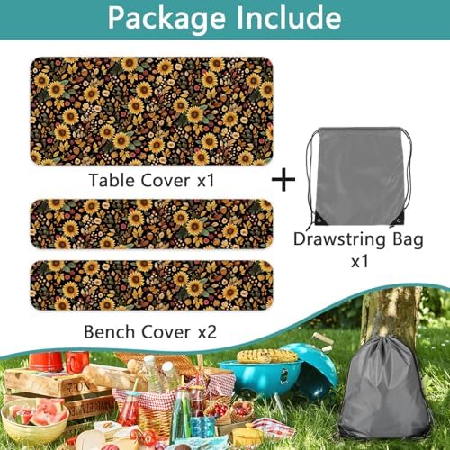 Picnic Table Cover with Bench Covers, Camping Essentials, Sunflower Flower Leaves Waterproof Windproof Patio Table Cover, Fitted Tablecloth Cover with Elastic Edge for Indoor Outdoor 3 PCS 30x60 Inch - Image 7