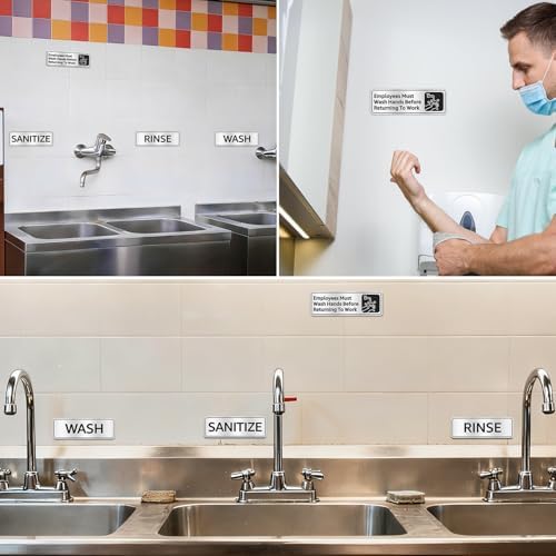 Faittoo Wash Rinse Sanitize Sink Labels Signs with Employees Must Wash Hands Sign, (4 Pack) 9" x 3" Rust Free Brushed Aluminum Sign, Self-adhesive, for Restaurant, Hotel, Rest Stops, Company - Image 6