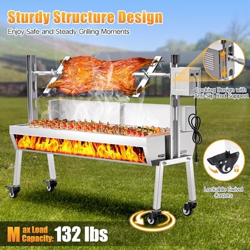 Jocisland Electric Rotisserie Grill Kit with Windscreen, 47.5" Height-Adjustable Charcoal Roaster, 132 Lbs Capacity, 45W Motor, Stainless Steel Spit with Lockable Wheels for Outdoor Camping - Image 2