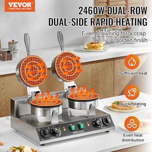 VEVOR Commercial Waffle Maker, Dual-Head Round Waffle Baker Machine, 2460W Non-Stick Stainless Steel Belgian Waffle Iron with Temp and Time Control, Handle, for Restaurant Bakery Snack Bar Family - Image 2