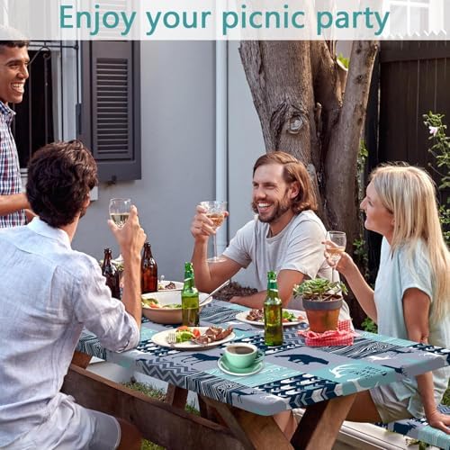 Picnic Table Cover with Bench Covers, Camping Essentials, Rustic Cabin Deer Bear Stripes Waterproof Windproof Patio Table Cover, Fitted Tablecloth Cover with Elastic Edge for Outdoor 3 PCS 30x72 Inch - Image 2