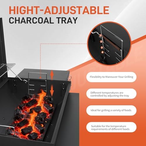 Outvita Barrel Charcoal Grill with Warming Rack, Side Front Table, Black - Image 3