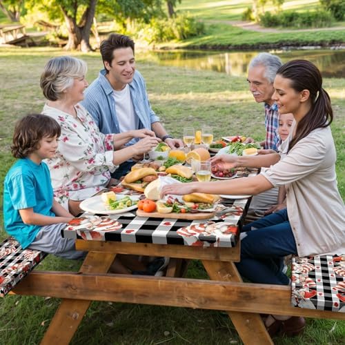 Valentine's Day Picnic Table Cover with Bench Covers, Camping Essentials, Valentines Decor Waterproof Windproof, Fitted Tablecloth Cover with Elastic Edge, Outdoor Table Covers, 3 PCS, 30x96 Inch - Image 2