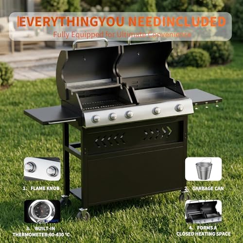 Garvee 5 Burner Propane Gas Grill Griddle Combo with Porcelain Enamel Cast Iron Grate & Cast Iron Pan – Dual BBQ Grill with Flat Top Griddle, 40,000 BTU Large Outdoor Gas Grill for Backyard Kitchen - Image 7