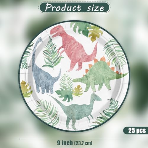 WRAPAHOLIC 25Pcs Birthday Paper Plates - 9 Inch Dinosaur Green Plant Disposable Plates Decorative Dinner Plates for Party Tableware Supplies Table Decor - Image 2