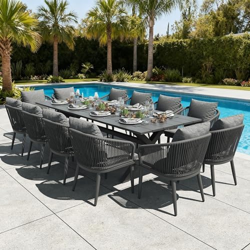 LayinSun 13 Pieces Outdoor Patio Dining Set, Aluminium Rectangular Dining Table and Wicker Rattan Chairs Set for Outside Backyard, Poolside by LayinSun