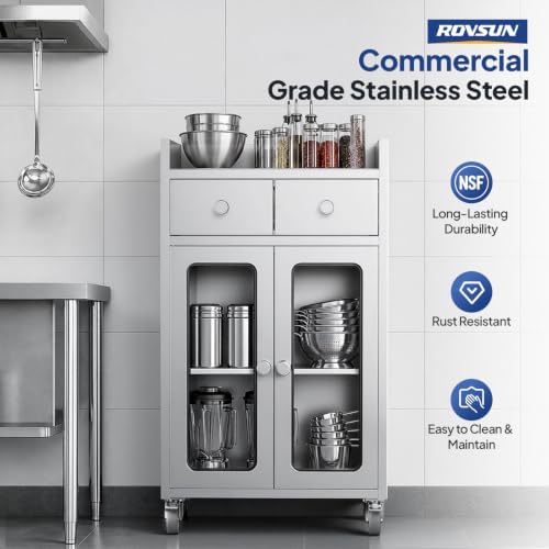 ROVSUN Stainless Steel Table with Cabinet & Wheels, 23.6" x 15.7" Commercial Pre Work Table with Glass Door & Drawers, Large Space Storage for Kitchen Restaurant Hotel Garage Warehouse Outdoor - Image 2