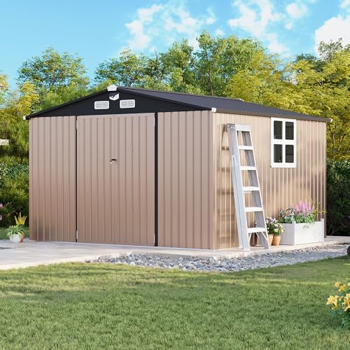 MXV 10 x 10FT Outdoor Storage Shed, Metal Garden Shed with Windows, Double Lockable Doors & Sloped Roof, Magnetic Solar Lamp, Tool Sheds for Backyard Garden Patio Lawn, Brown - Image 3