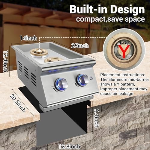 Double Grilling Side Burners for Outdoor Kitchen, 2 * 17,000BTU Nature Gas Burners, Convertible to Liquid Propane, Duty Heavy 304 Stainless Steel, Built-in Side Burner for BBQ Island Grill - Image 6