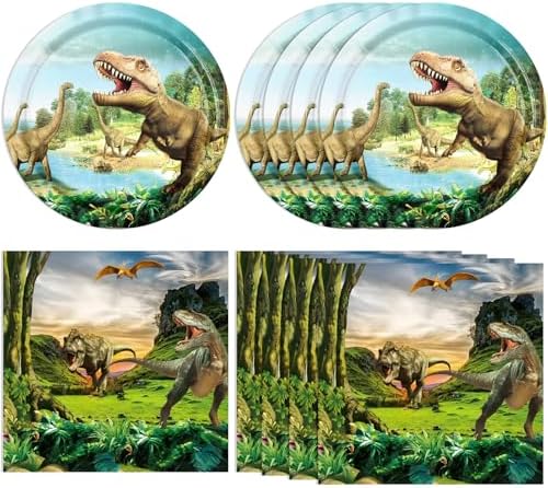 Dinosaur Birthday Party Supplies Dinosaur Theme Disposable Tableware Party Decor Jurassic Theme Party Paper Plates Napkins for Kids Party Decoration, Serve 20 by Actoridae