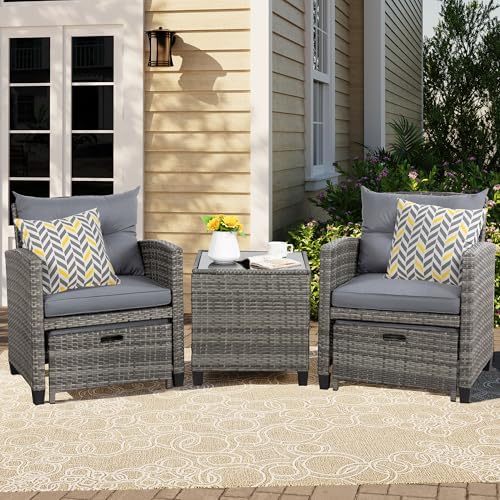 Vongrasig 5 Piece Patio Furniture Set, Small Balcony Furniture, PE Wicker Rattan Patio Chairs Set of 2, Outdoor Lounge Chairs with Cushions Ottomans &Glass Table for Porch Garden(Light Grey) - Image 2