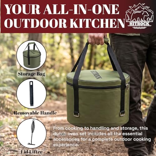 HITROCK Cast Iron Camp Dutch Oven with Legs 5QT, Pre-Seasoned Camping Dutch Oven with Lid,Outdoor Pot with Lid Lifter, Storage Bag & Handle for Camping, Baking, Grilling, Rounded-square Shape - Image 3